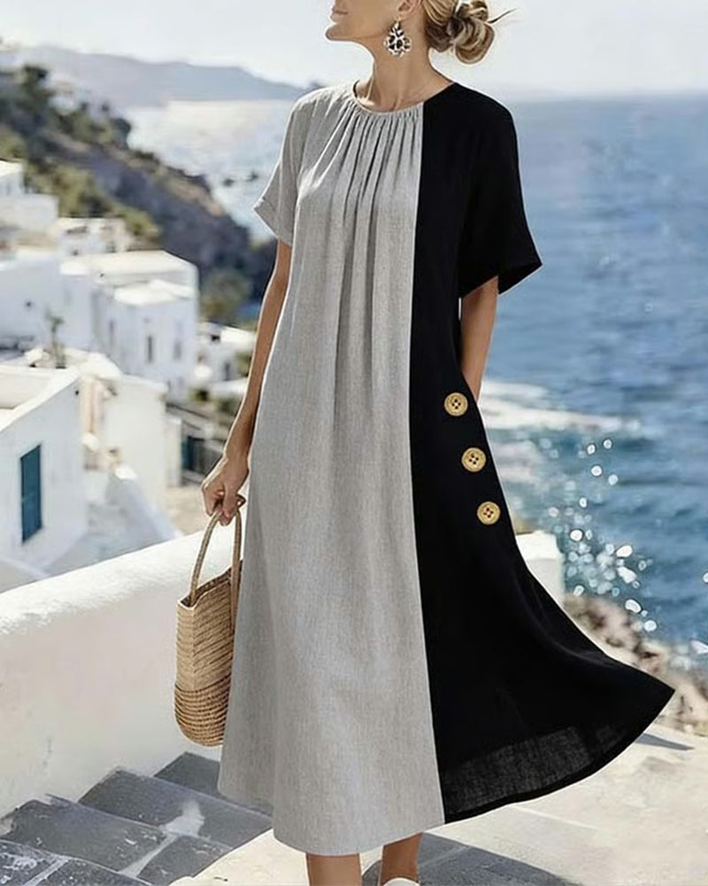 Casual Long Dress with Round Neck and Contrasting Color