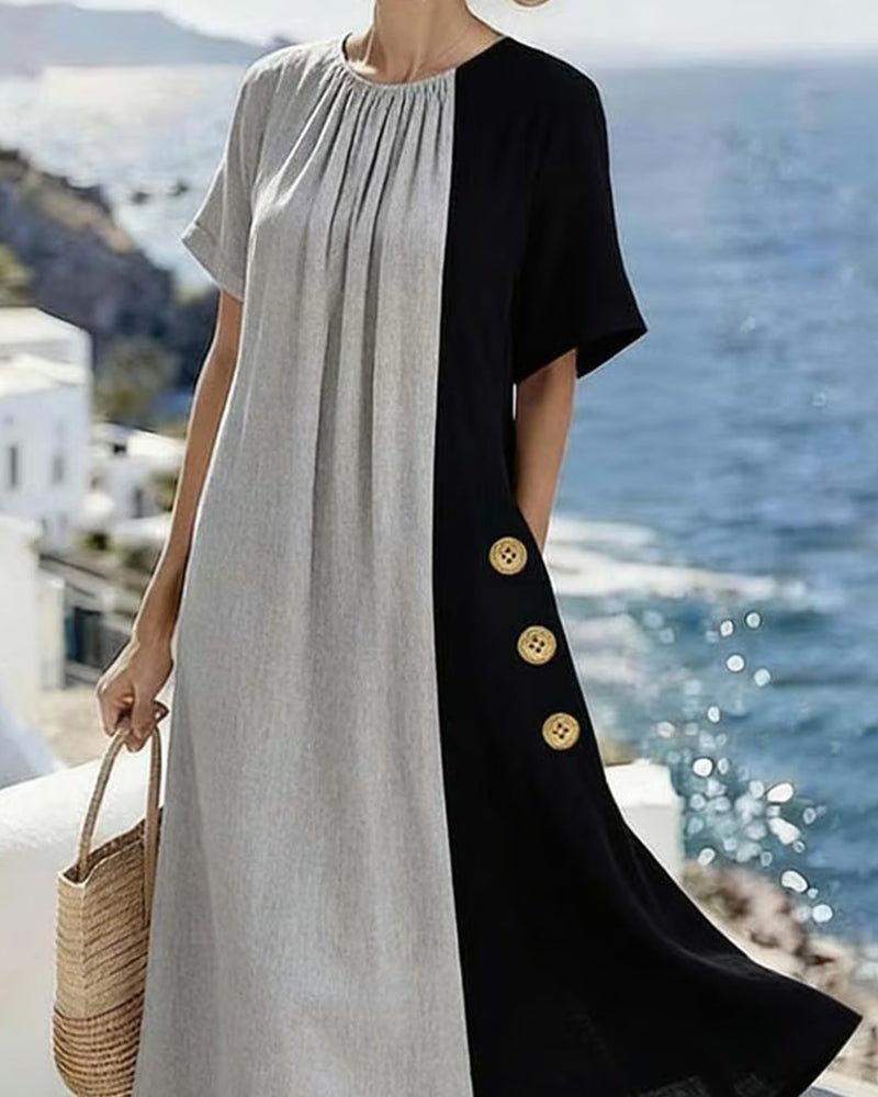 Casual Long Dress with Round Neck and Contrasting Color