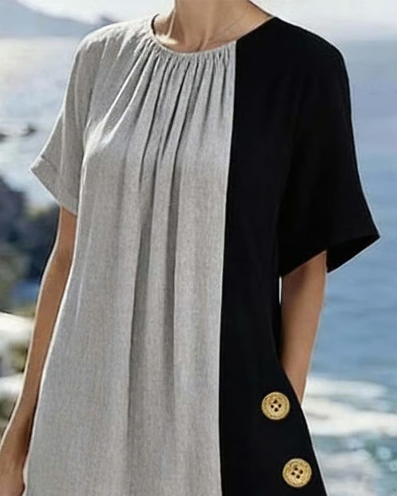 Casual Long Dress with Round Neck and Contrasting Color