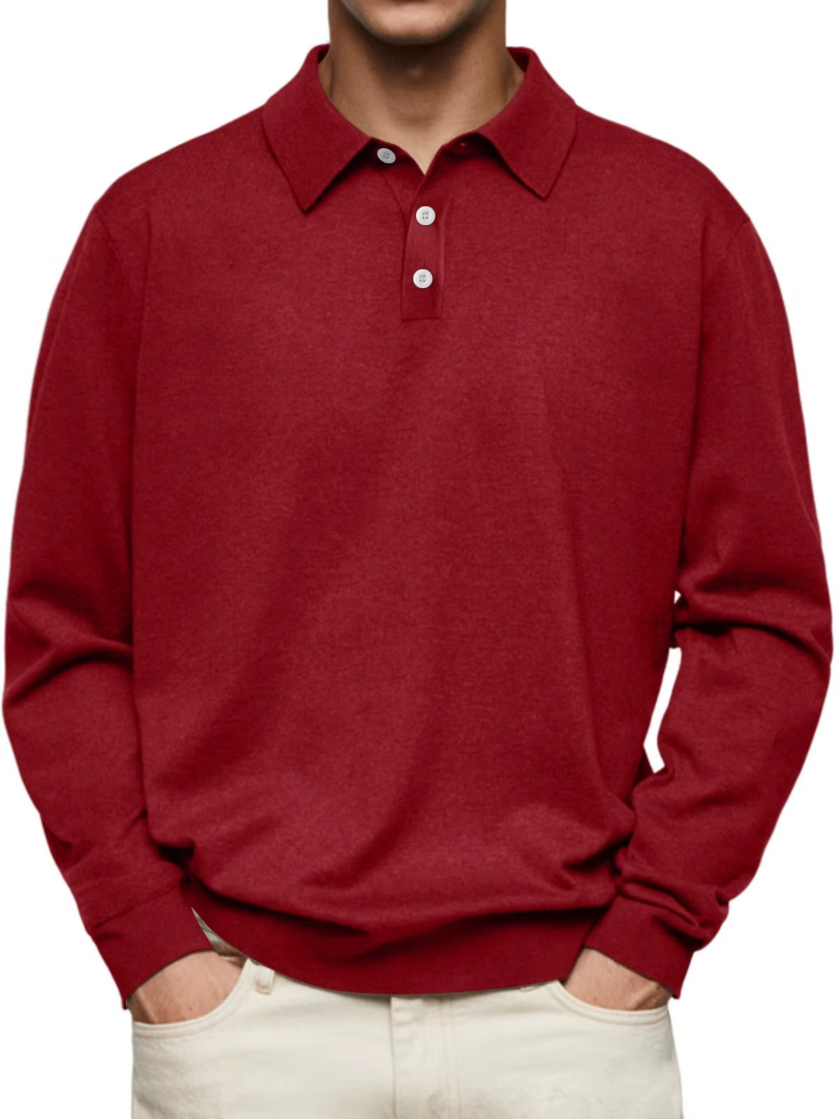 Patterned Collar Long Sleeve Polo Shirt