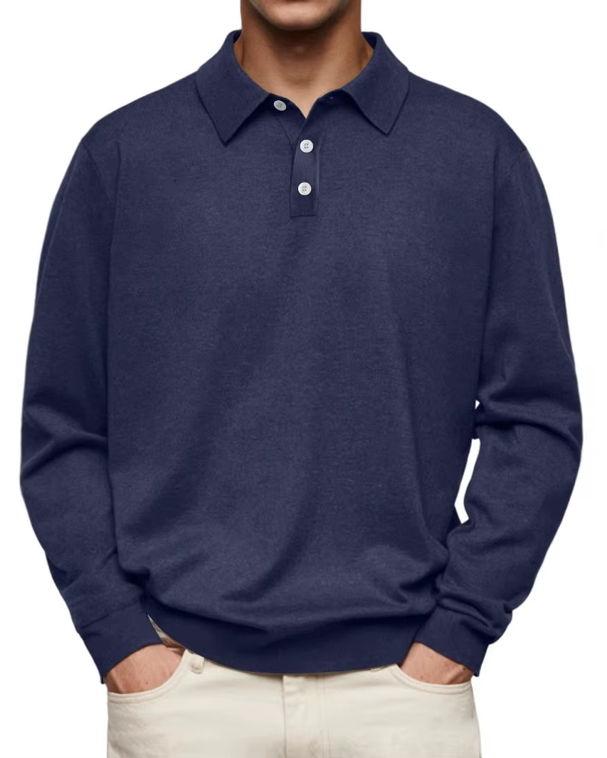 Patterned Collar Long Sleeve Polo Shirt