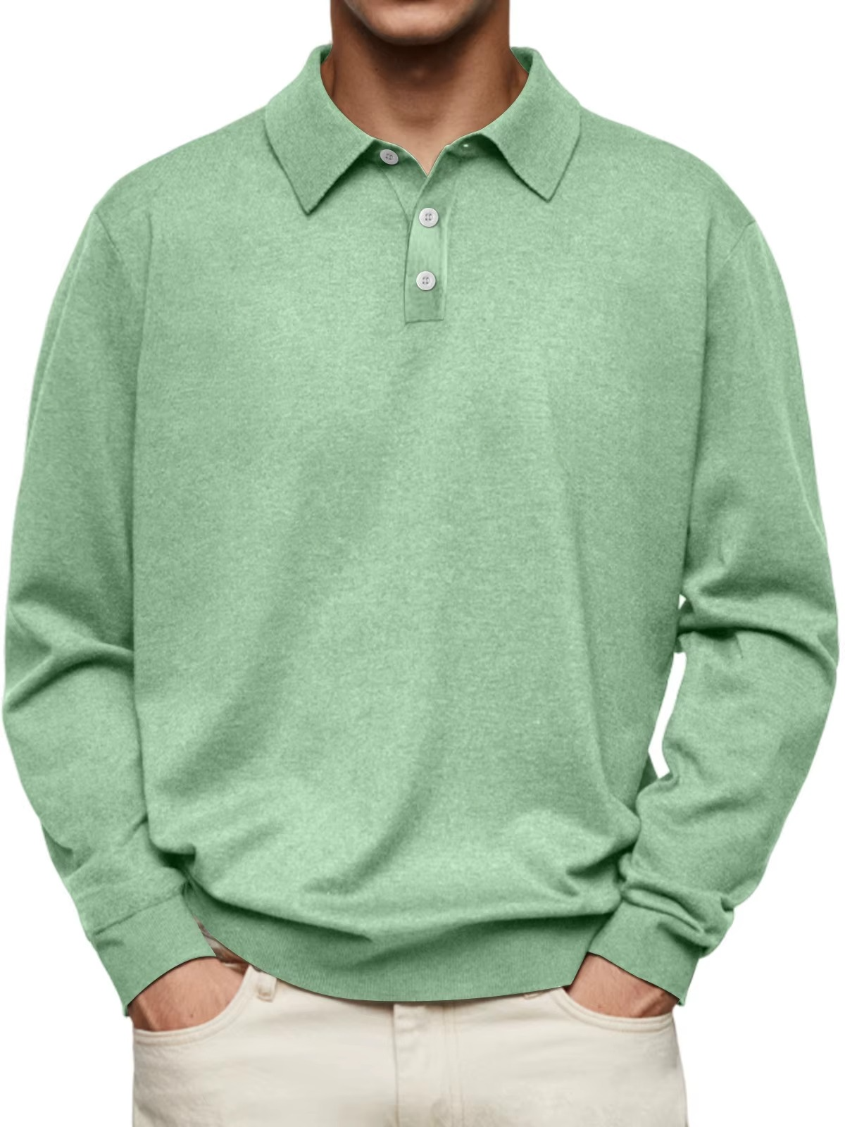 Patterned Collar Long Sleeve Polo Shirt
