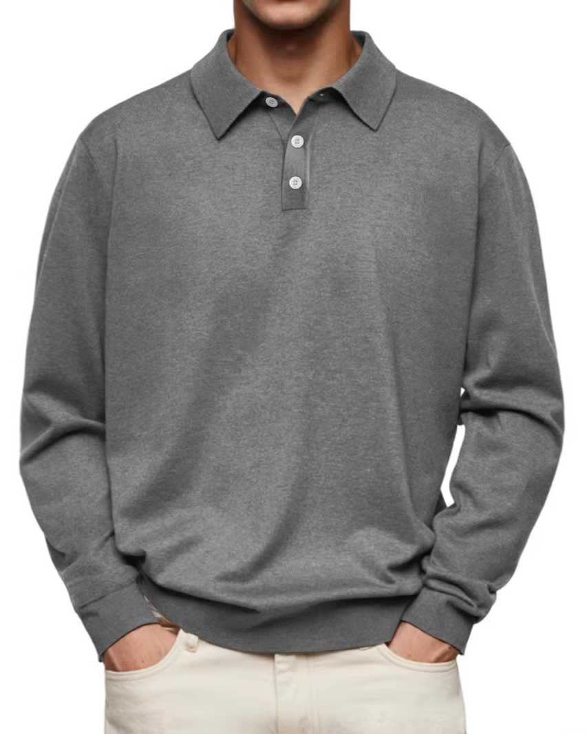 Patterned Collar Long Sleeve Polo Shirt