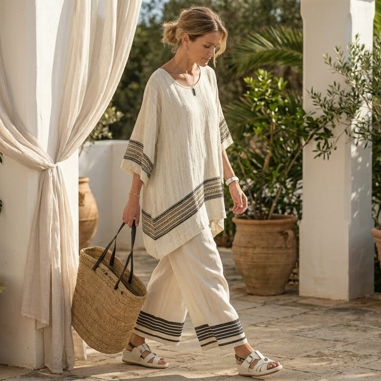Mariella ā Elegant Ensemble: Black Striped Top and Flowing Pants