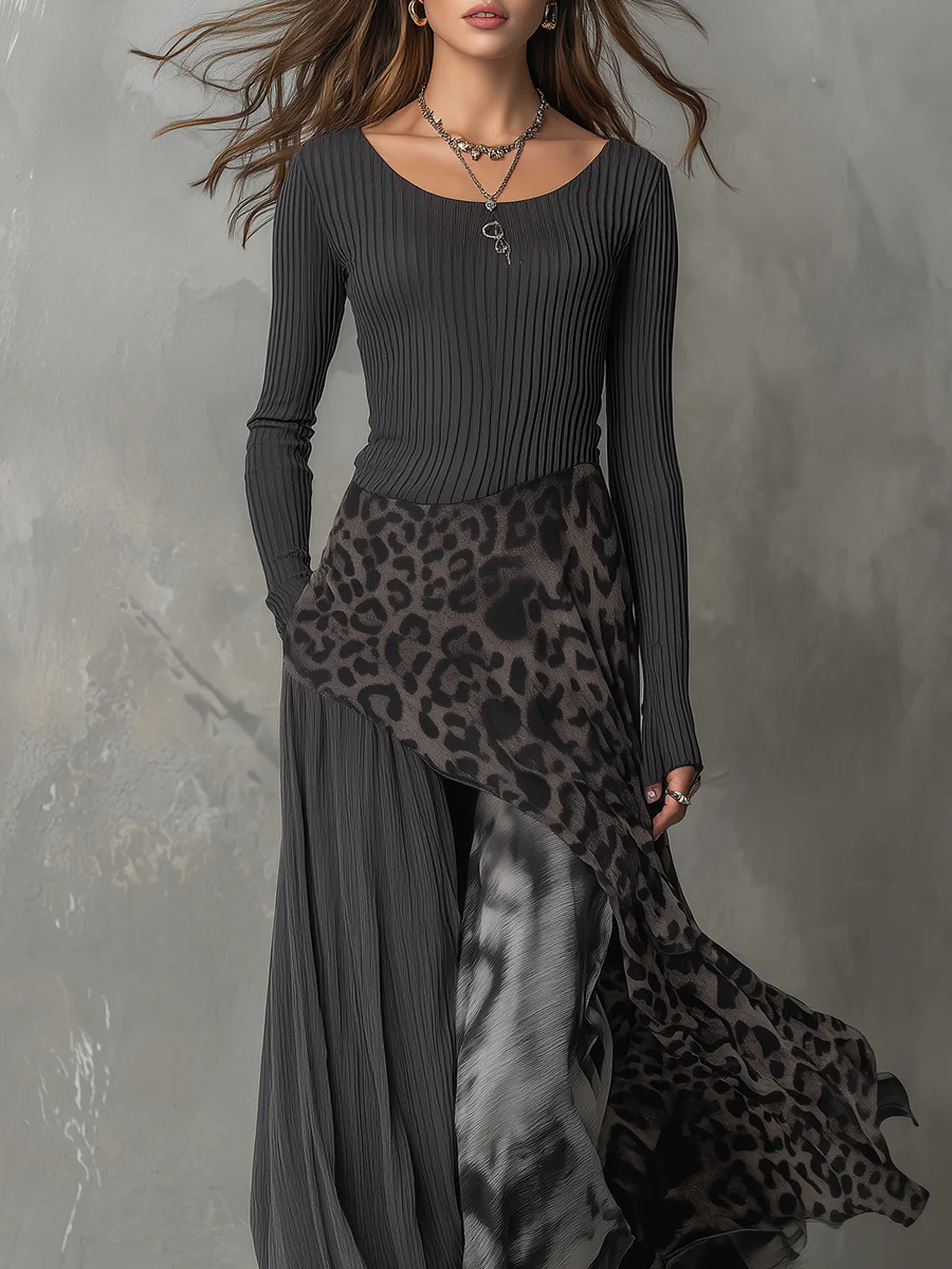 Gray Pit Stripe Leopard Print Splicing Asymmetrical Hem Maxi Dress