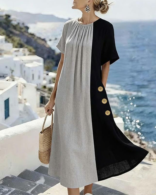 Casual Long Dress with Round Neck and Contrasting Color