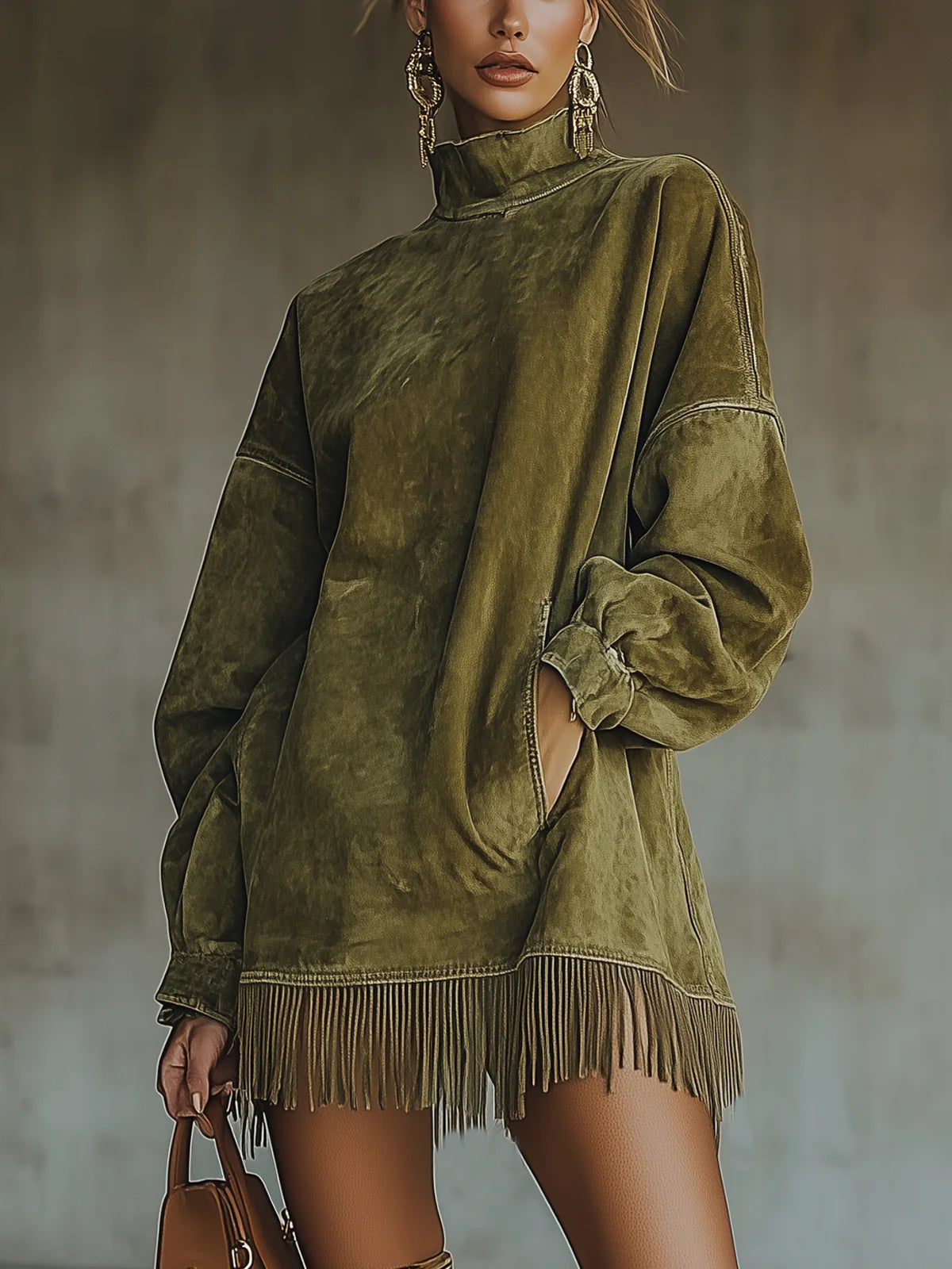 Darcie | Suede Dress with Fringes and Turtleneck