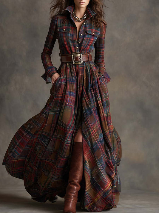 SIENNA – ELEGANT PLAID MAXI SHIRT DRESS