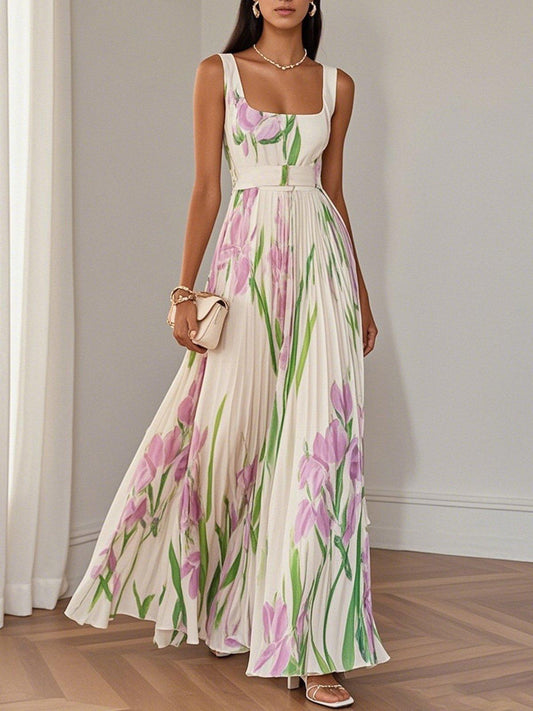 Pleated Long Dress in Mousseline - Timeless Elegance