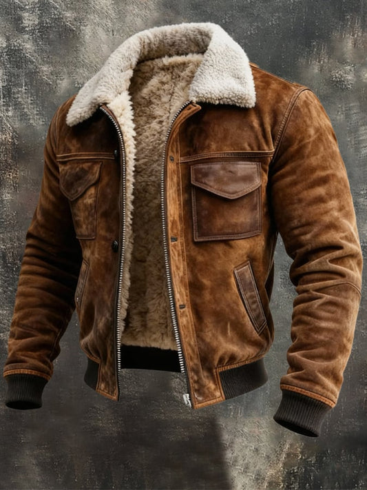 Harlan - Men's Suede Sherpa-Lined Bomber Jacket with Ribbed Cuffs