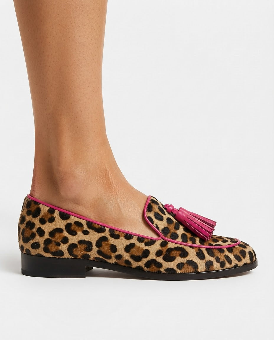 Fiamma Moccasin — Leopard Print with Fuchsia Trim and Tassels