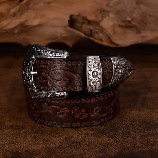 Percival - Men's Tooled Leather Belt with Engraved Silver-Tone Buckle