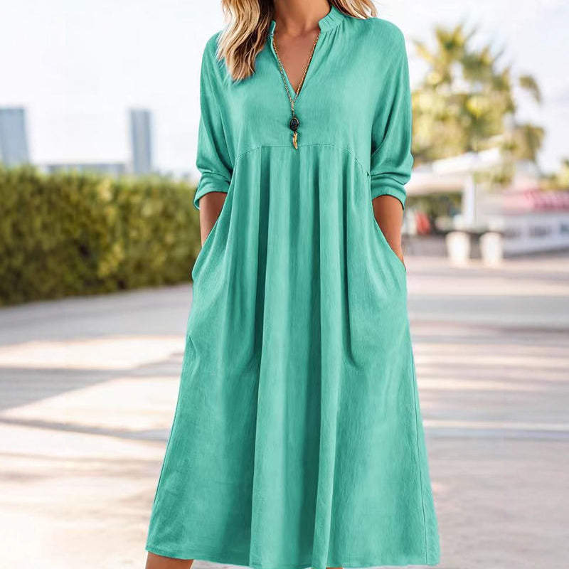 Fluid Midi Dress with Empire Waist and V-Neck – Refined Elegance