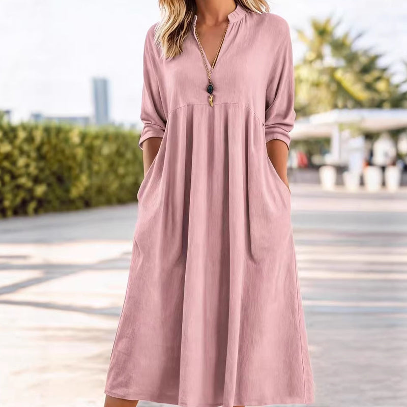 Fluid Midi Dress with Empire Waist and V-Neck – Refined Elegance